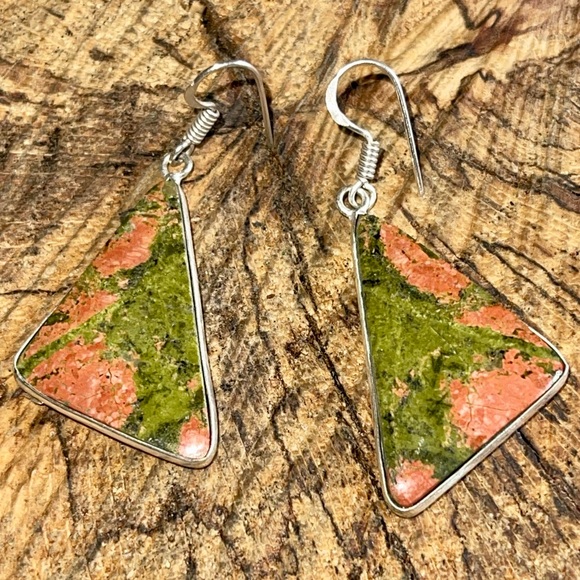 Triangular Unakite Jasper Earrings 1 1/2” - Picture 5 of 10